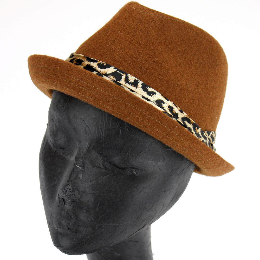 Women's felt rolled brim trilby hat with satin leopard print band - Brown (57cm)