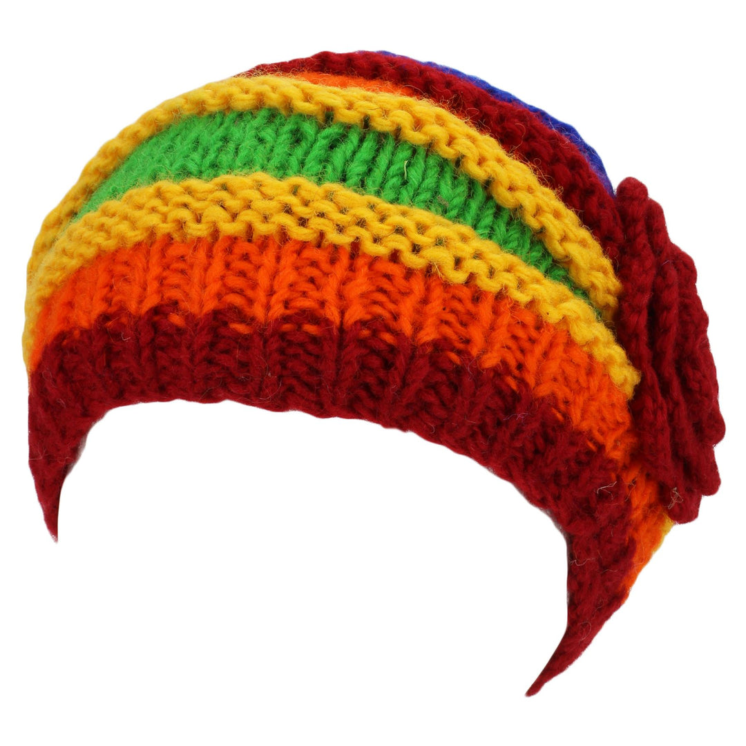 Ladies Chunky Wool Knit Shell Shaped Beanie Hat with Side Flower - Rainbow