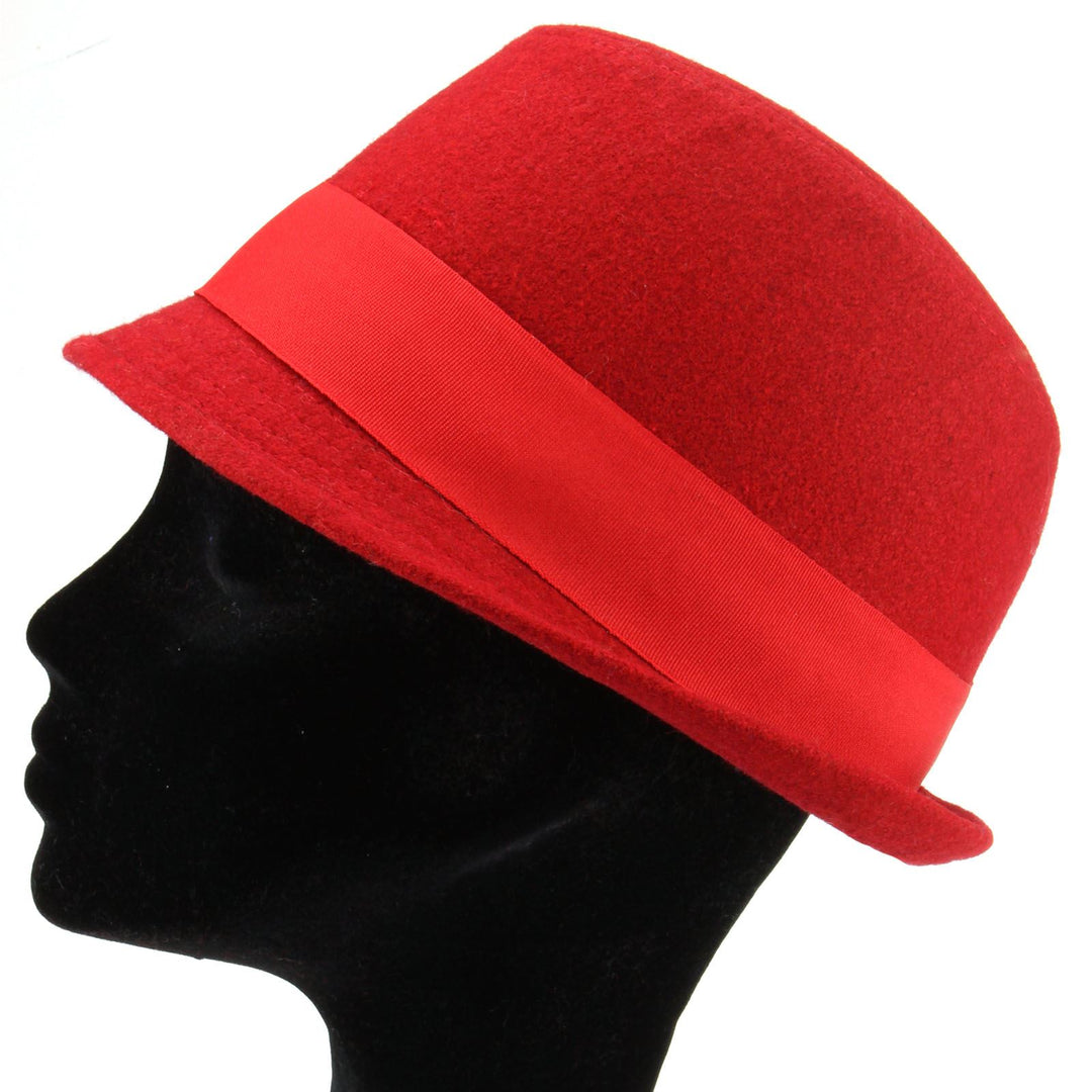 Wool trilby hat with short brim and large side bow - Red (57cm)