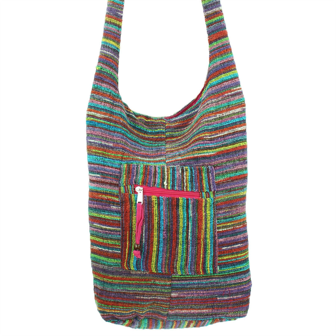 Striped Chenille Sling Shoulder Bag - Multi - Pink Lining