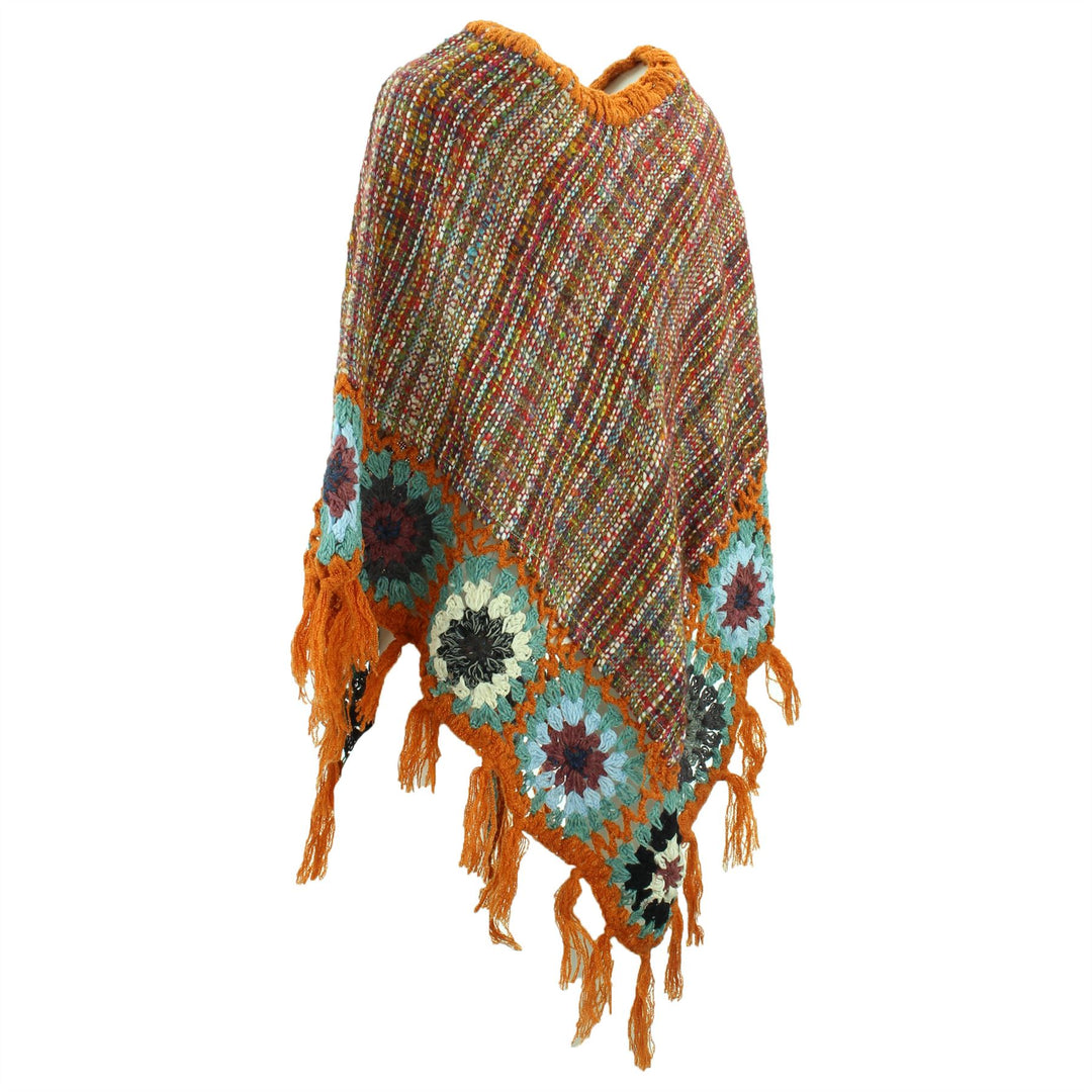 Granny Squares Crochet Poncho Long - Rainbow/Rust