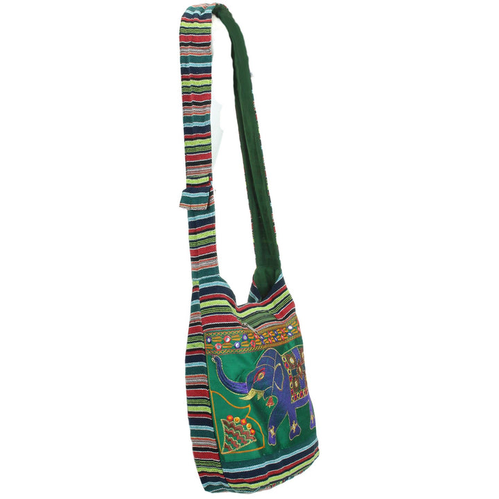 Embroidered Elephant Canvas Sling Shoulder Bag - Green