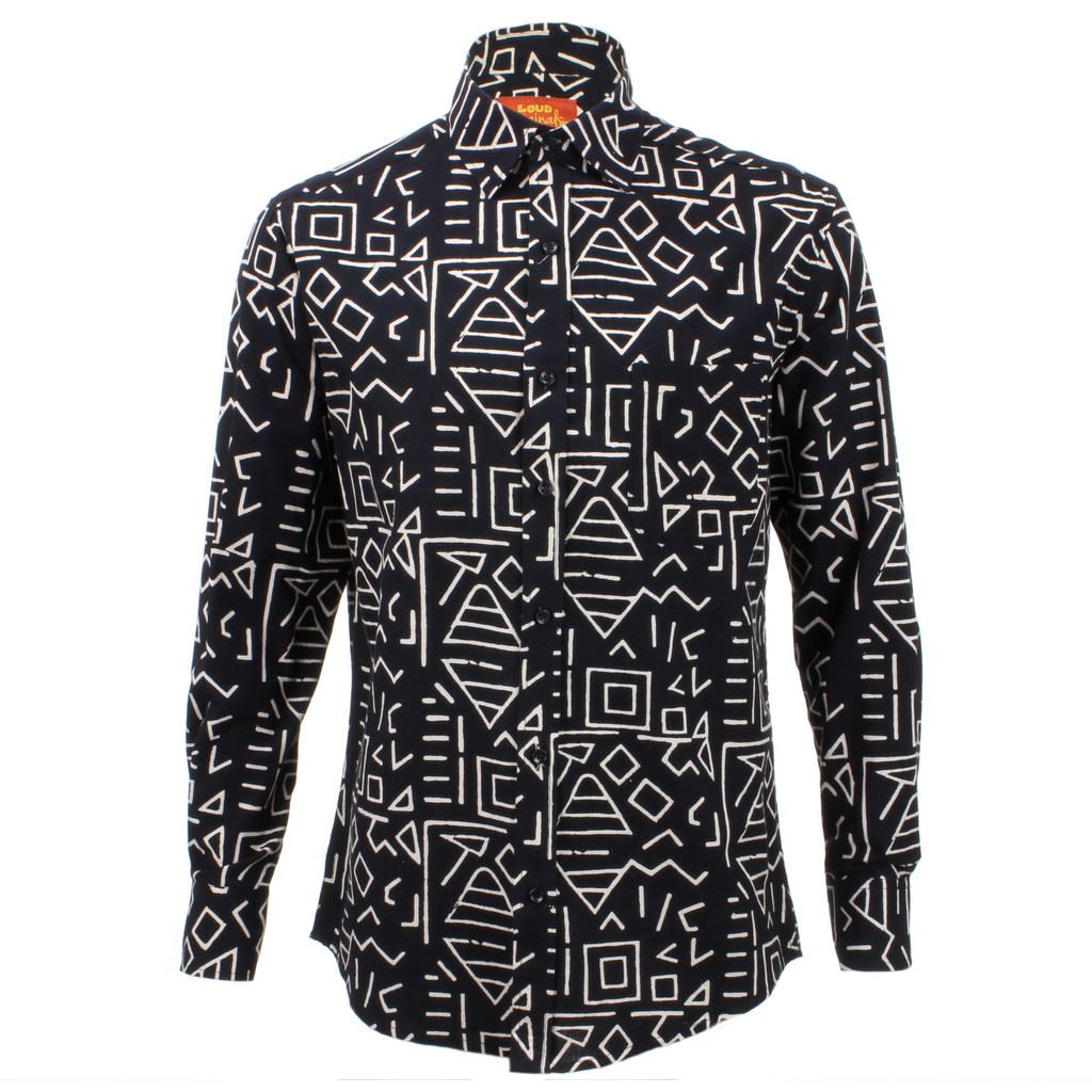 Regular Fit Long Sleeve Shirt - Black with White Abstract Shapes