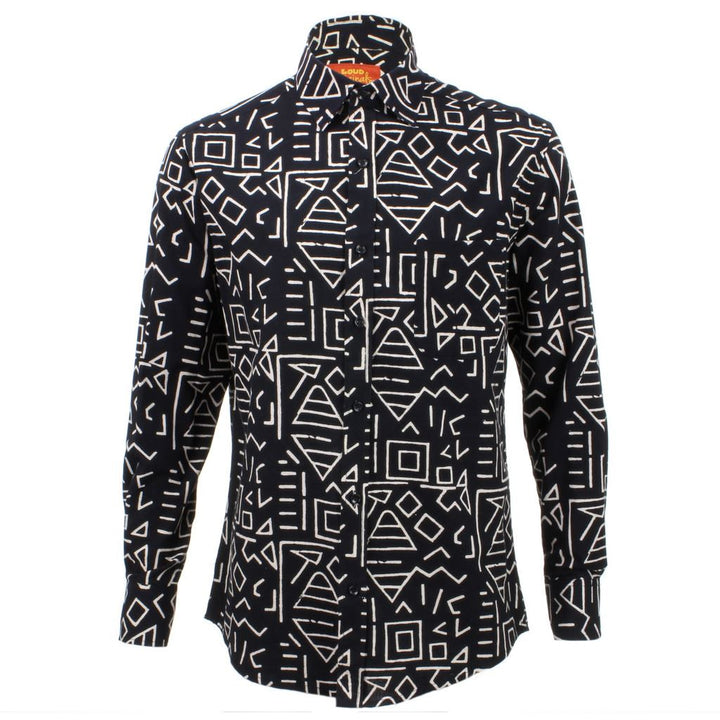 Regular Fit Long Sleeve Shirt - Black with White Abstract Shapes