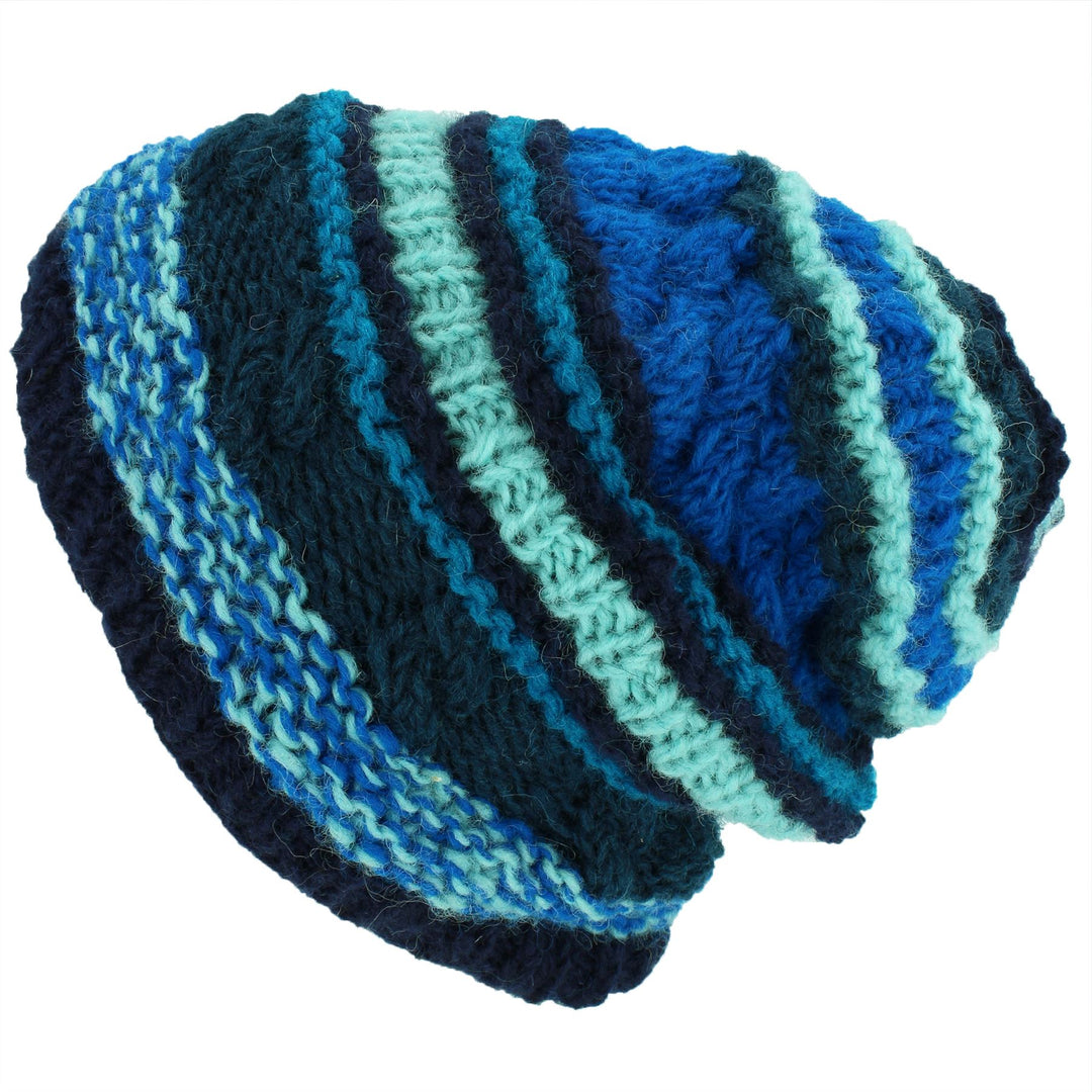Wool Knit Beanie Hat - Stripe Blue