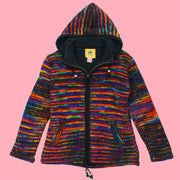 Hand Knitted Wool Hooded Jacket Cardigan Ladies Cut - SD Black Rainbow