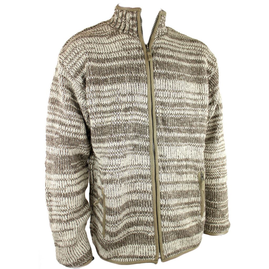 Wool knit Space Dye Fleece Lined Zip Jacket - Beige