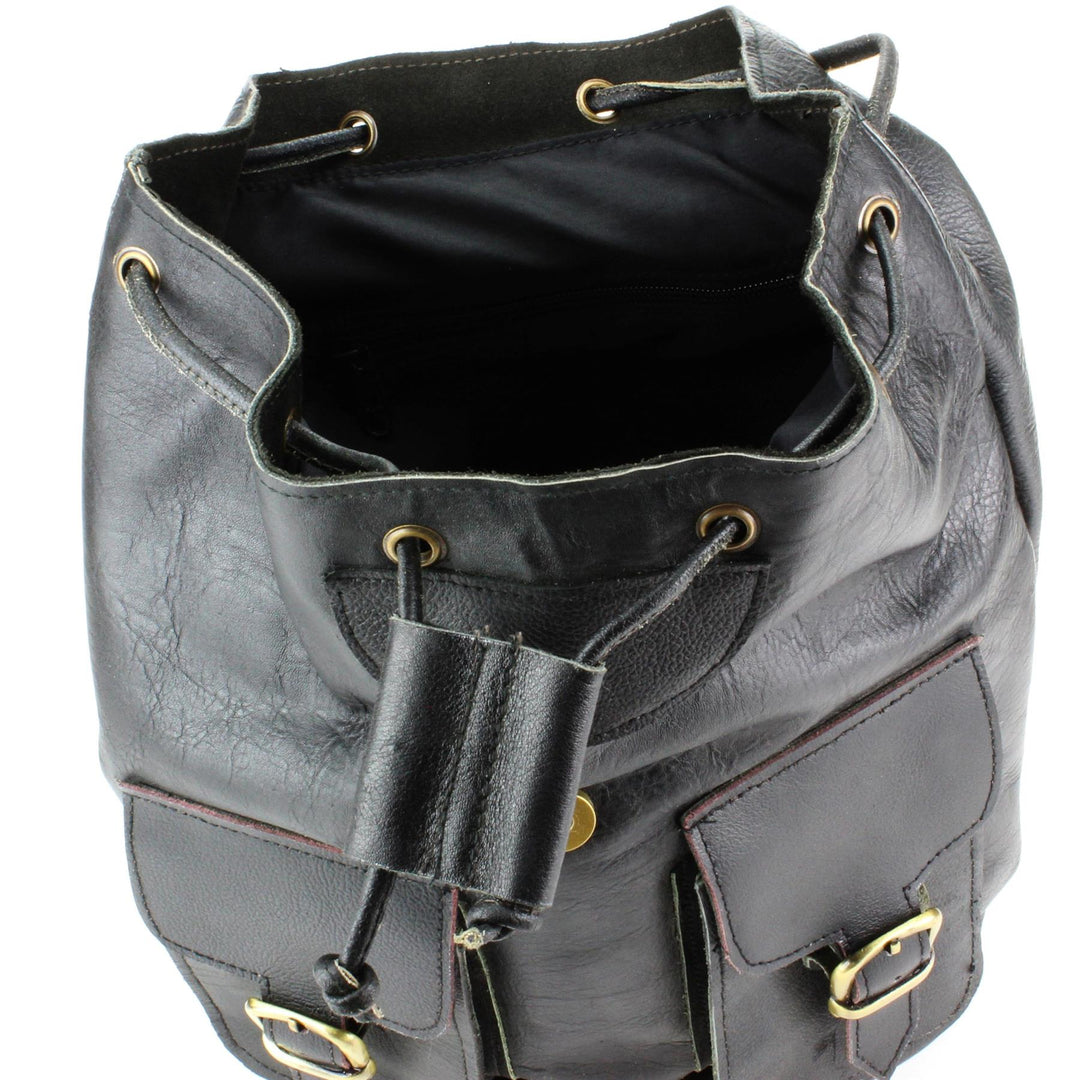 Real Leather Backpack with Two Front Pockets - Black