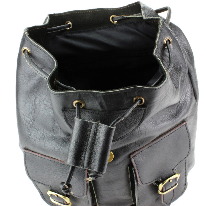 Real Leather Backpack with Two Front Pockets - Black