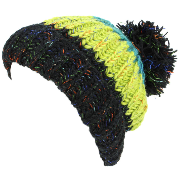 Chunky Wool Knit Baggy Slouch Striped Beanie Bobble Hat - Black