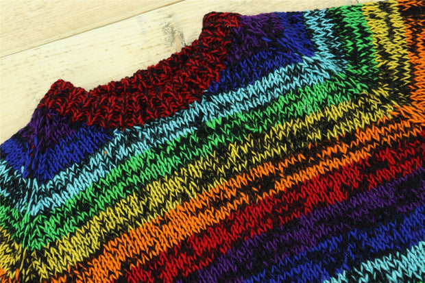 Hand Knitted Wool Jumper - Stripe Black Rainbow SD