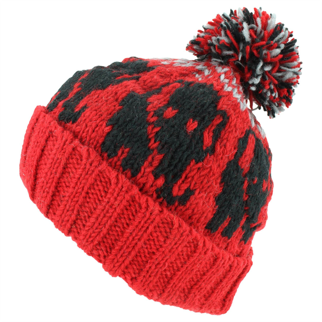 Wool Knit Bobble Beanie Hat - Elephant - Red Grey