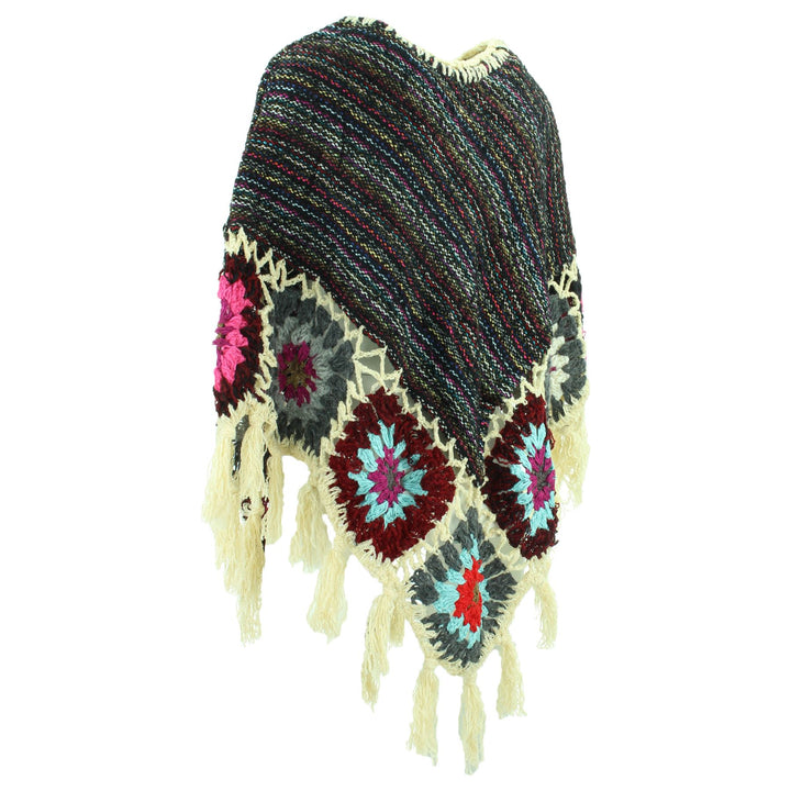 Granny Squares Crochet Poncho Short - Black Multi/Cream