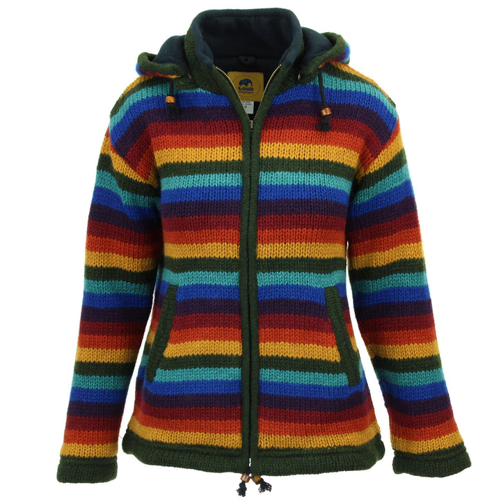 Hand Knitted Wool Hooded Jacket Cardigan Ladies Cut - Stripe Dark Rainbow