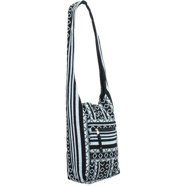 Diamond Pattern Canvas Sling Shoulder Bag - Black White