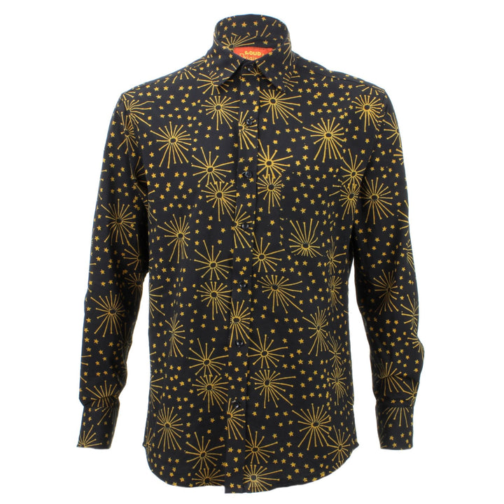 Regular Fit Long Sleeve Shirt - Black with Yellow Stars & Fireworks