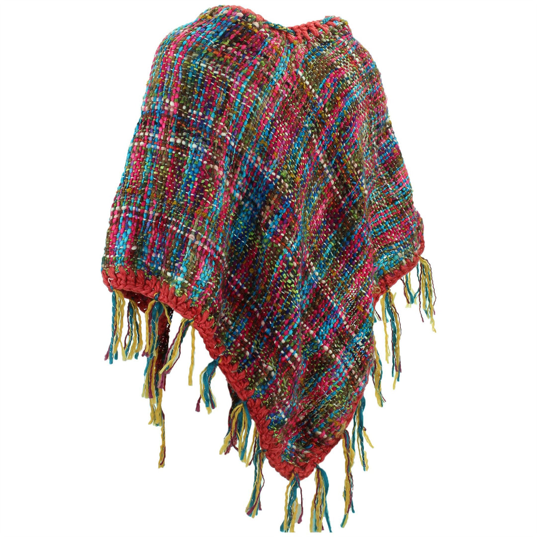Stripe Crochet Poncho Long - Pink/Rainbow