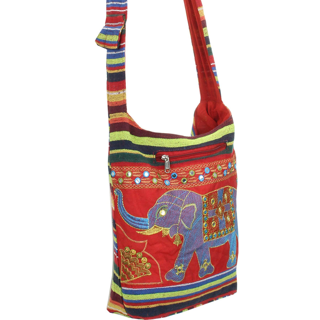 Embroidered Elephant Canvas Sling Shoulder Bag - Red