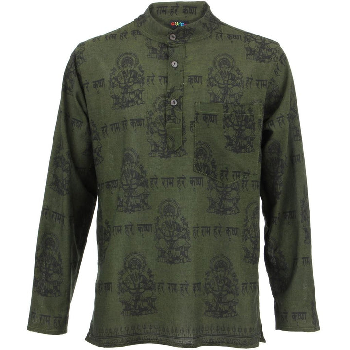 Long Sleeve 'Ganesh' Printed Nepalese Kurta Grandad Shirt - Green