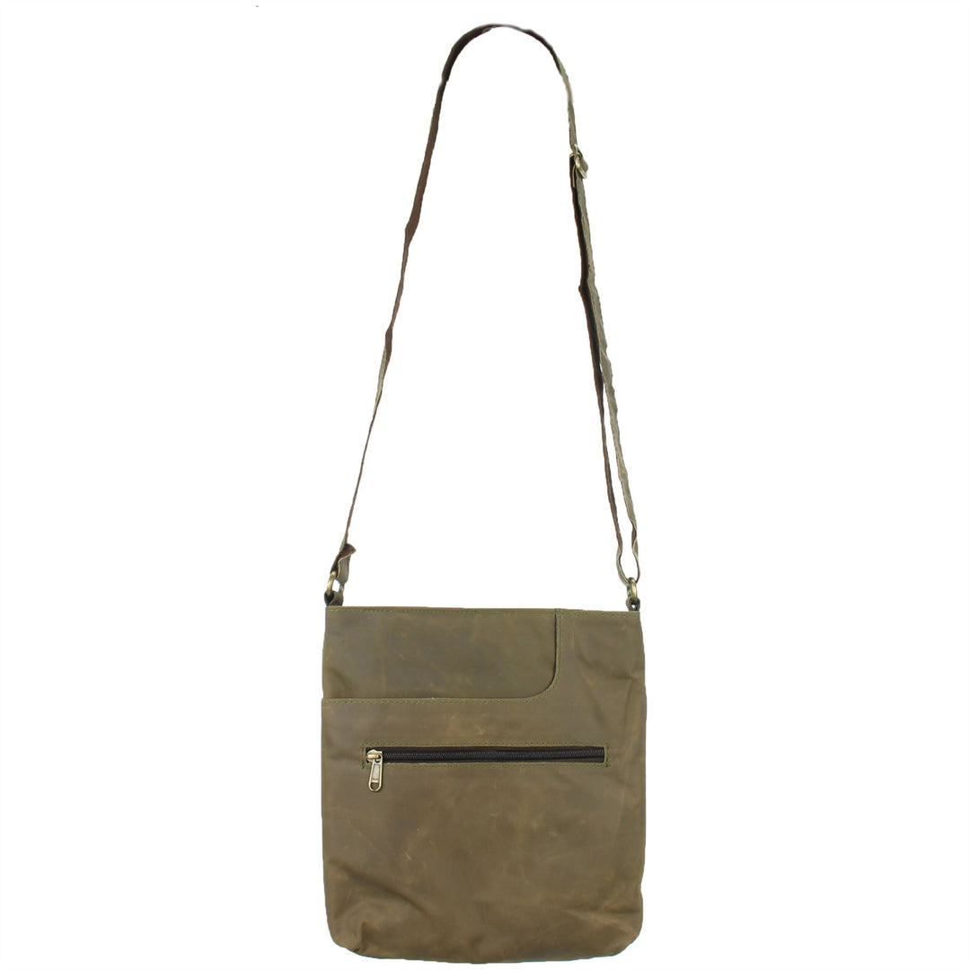 Real Leather Shoulder Bag with Front Zip and Pouch Pocket - Light Brown