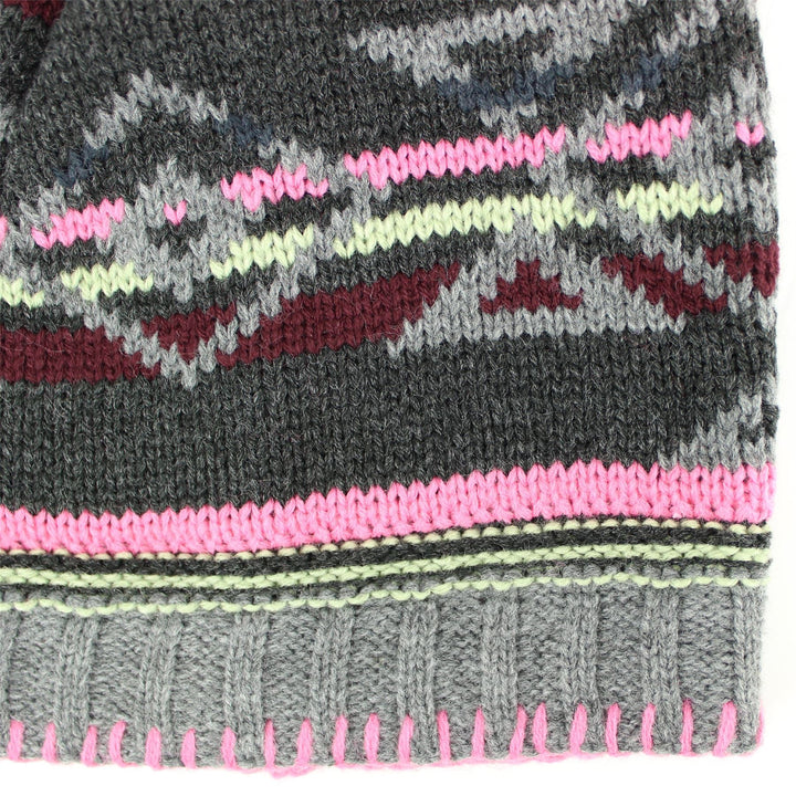 Fine knit aztec pattern beanie bobble hat - Grey