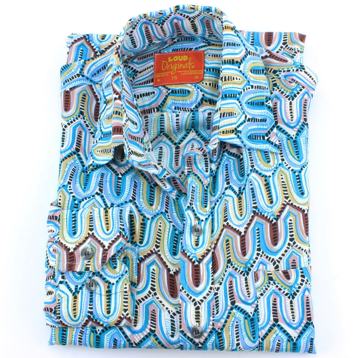 Tailored Fit Long Sleeve Shirt - Blue & Brown Abstract Watercolour