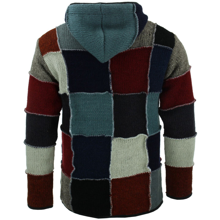 Wool Knit Patchwork Hooded Jacket - Maroon