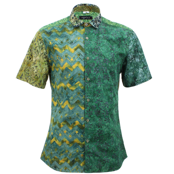 Slim Fit Short Sleeve Mixed Panel Shirt - Green Mix