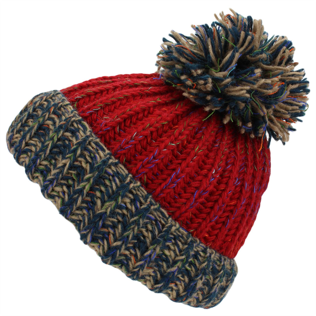 Chunky Wool Knit Baggy Slouch Beanie Hat with Contrast Turn-up and Bobble - Red
