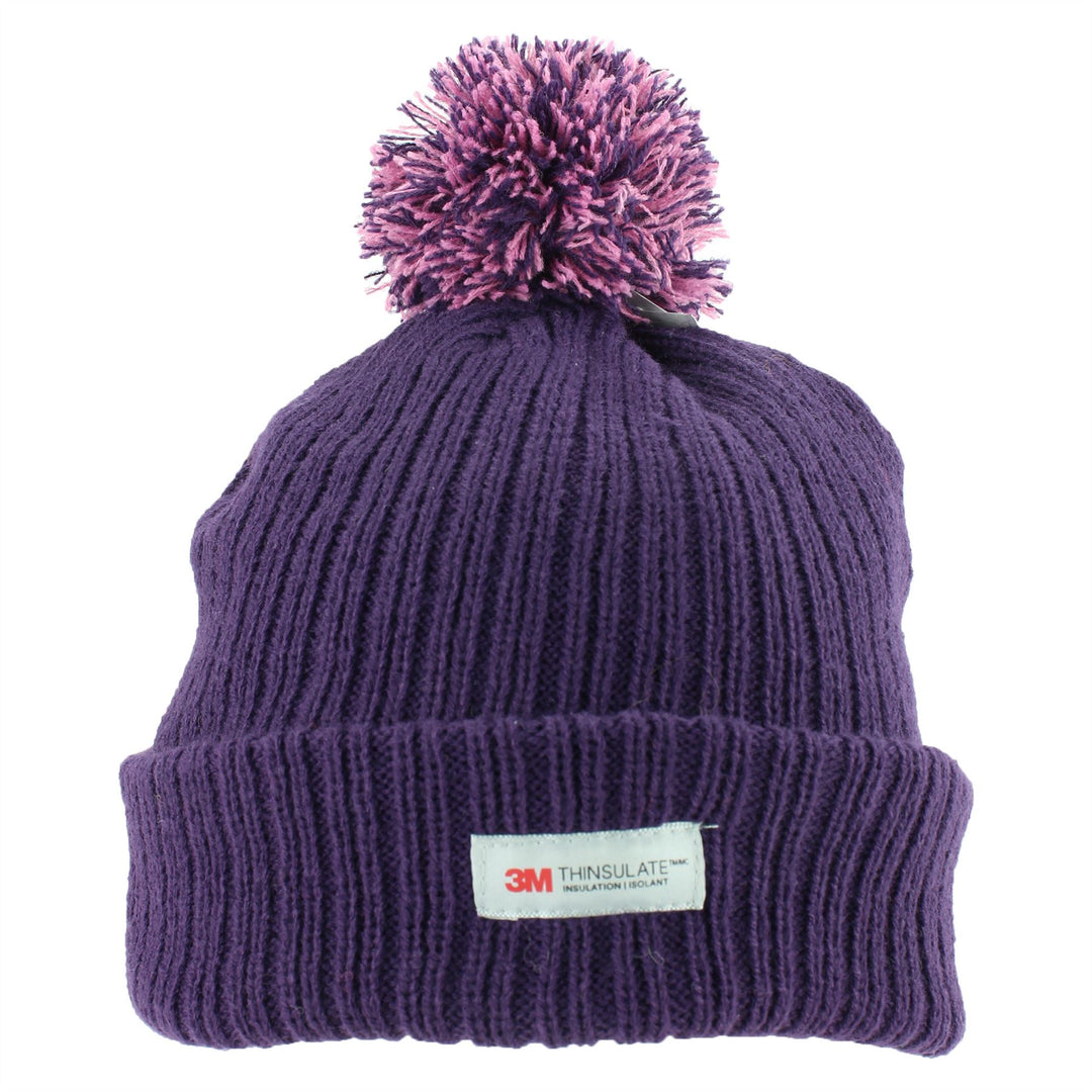 Childrens Beanie Hat with Turn-up and 2-Tone Bobble - Purple