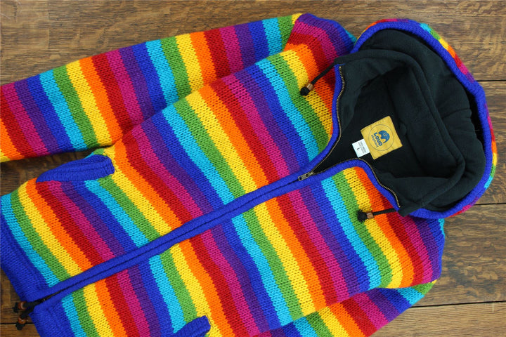 Hand Knitted Wool Hooded Jacket Cardigan - Stripe Bright Rainbow