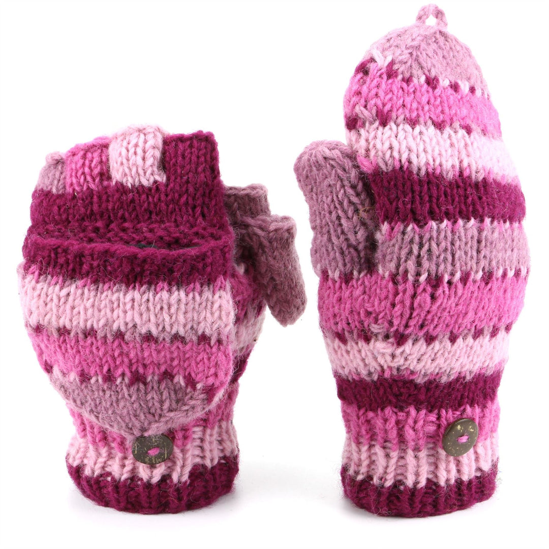 Chunky Wool Knit Fingerless Shooter Gloves - Stripe - Pink
