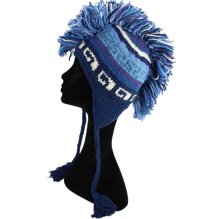 Wool Knit 'Punk' Mohawk Earflap Beanie Hat - Blue & White (Adult)