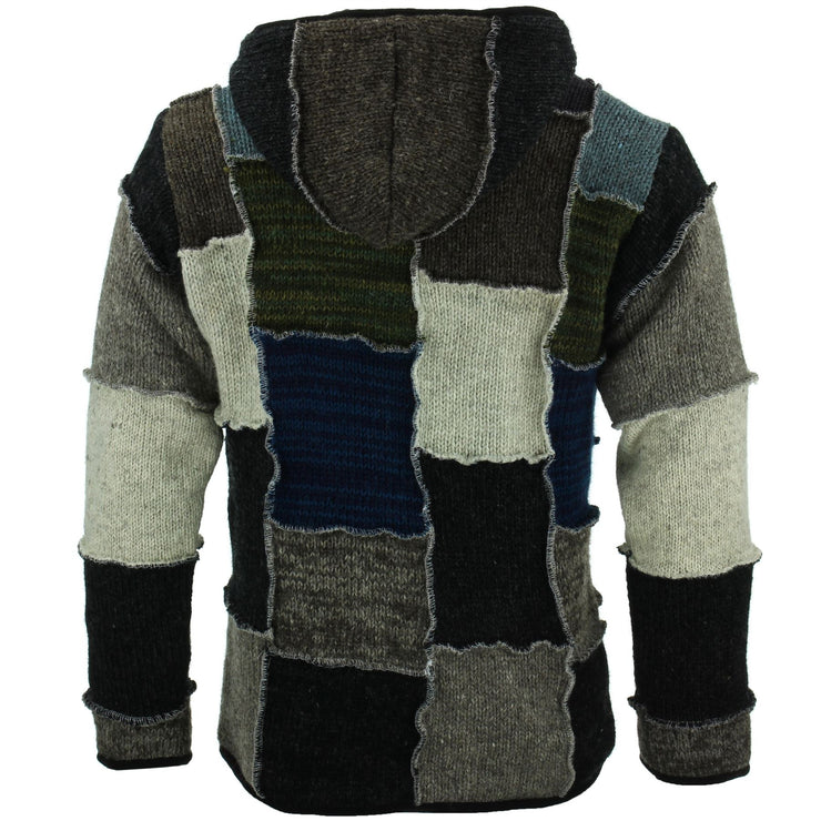 Wool Knit Patchwork Hooded Jacket - Black