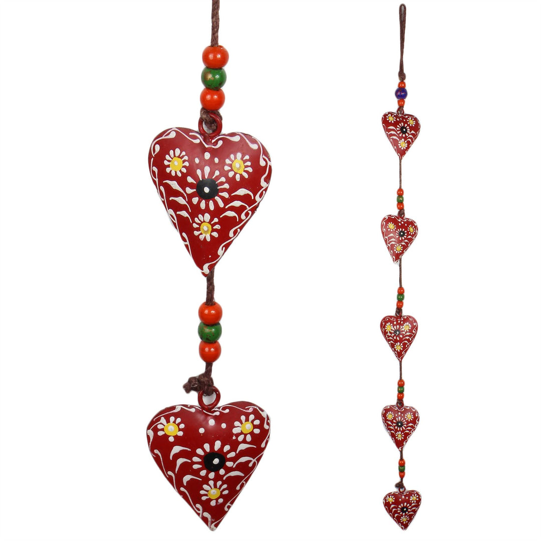 Hanging Mobile Decoration String of Hearts - Red - Brown String