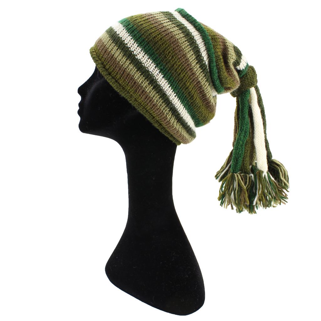 Wool Knit 'Fountain' Tassels Beanie Hat - Green