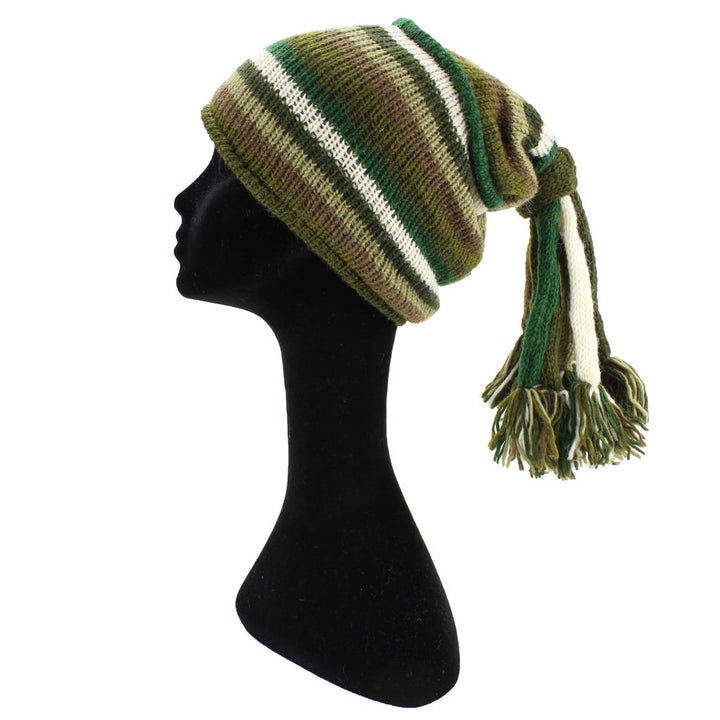 Wool Knit 'Fountain' Tassels Beanie Hat - Green
