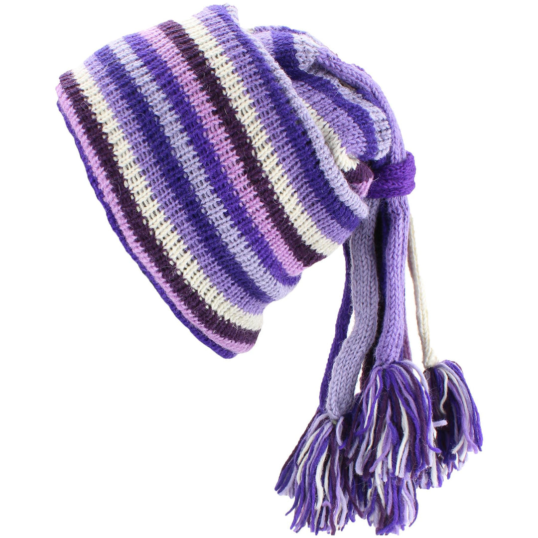 Wool Knit 'Fountain' Tassels Beanie Hat - Purples