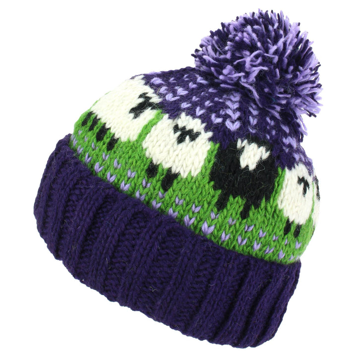 Wool Knit Bobble Beanie Hat - Sheep - Green Purple
