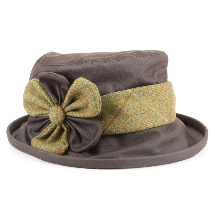 Ladies Wax Hat with Tweed Band and Flower - Brown