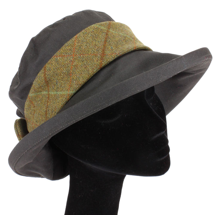 Ladies Wax Hat with Tweed Band and Flower - Olive