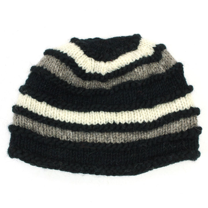Hand Knitted Wool Beanie Hat - Stripe Black Cream