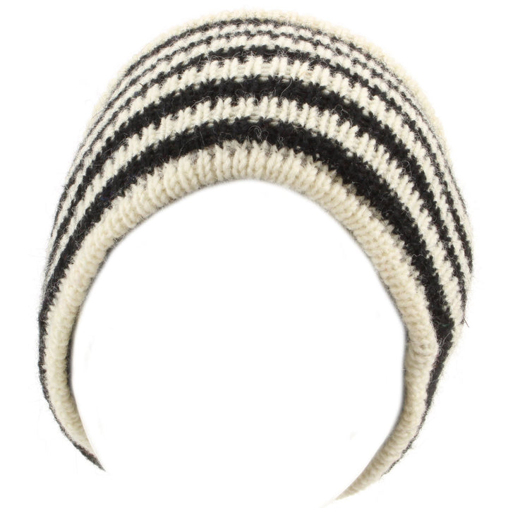 Wool Knit Ridge Beanie Hat with Fleece Lining - White & Black