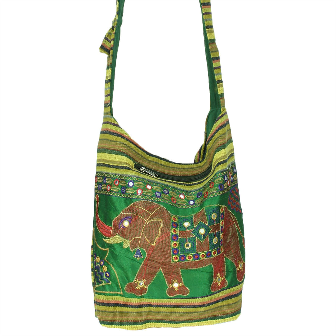 Embroidered Elephant Canvas Sling Shoulder Bag - Light Green