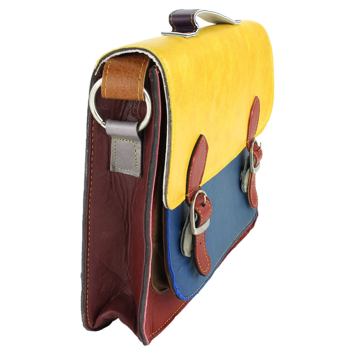 Real Leather Colourful Satchel Messenger Shoulder Bag - Yellow & Blue Mix