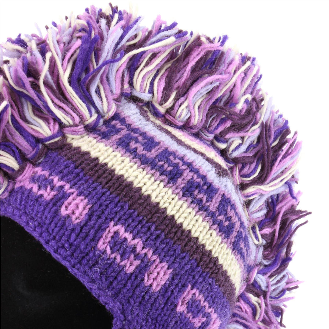 Wool Knit 'Punk' Mohawk Earflap Beanie Hat - Purples (Adult)