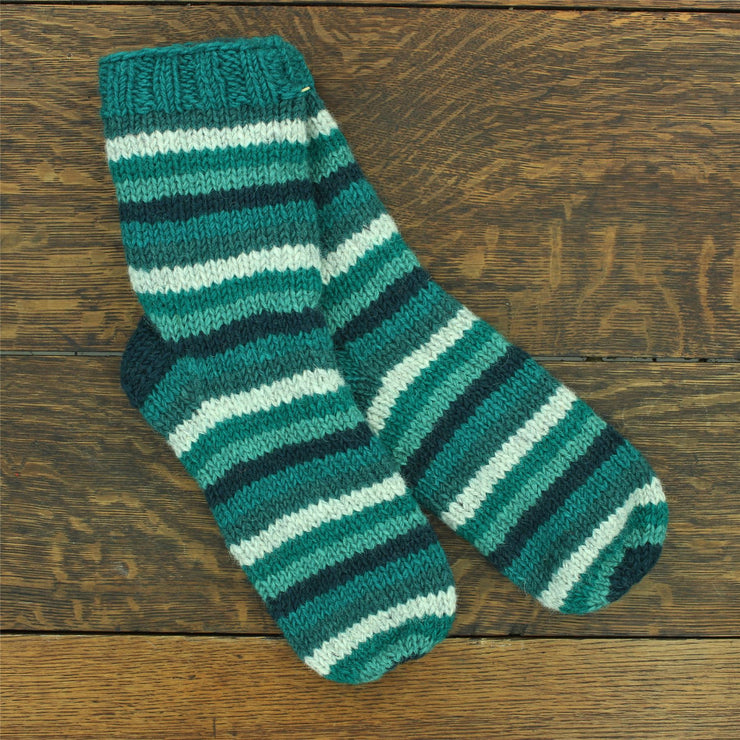 Hand Knitted Wool Ankle Socks - Stripe Teal