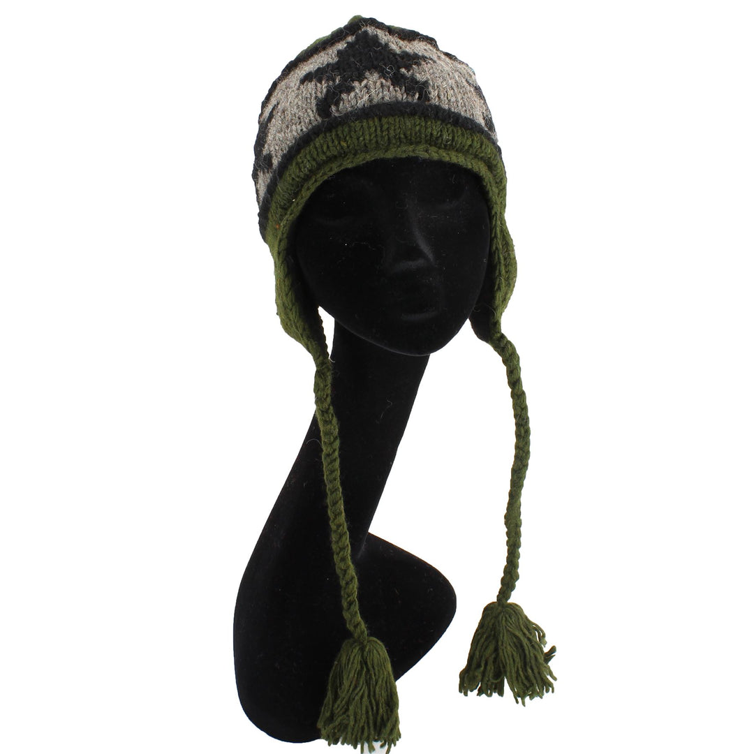 Wool Knit Earflap Tassel Hat - Star Green