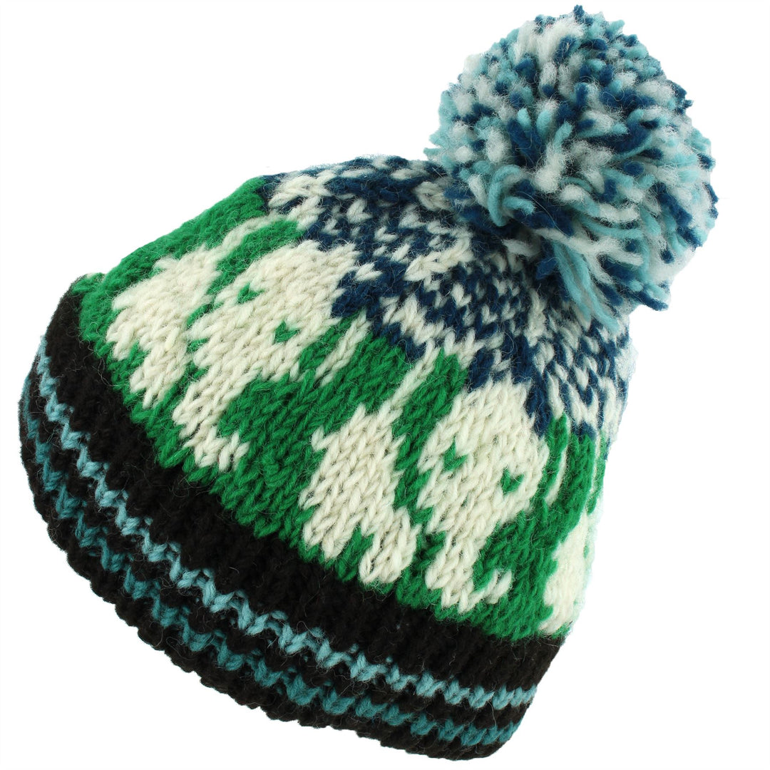 Wool Knit Bobble Beanie Hat - Elephant - Green Teal