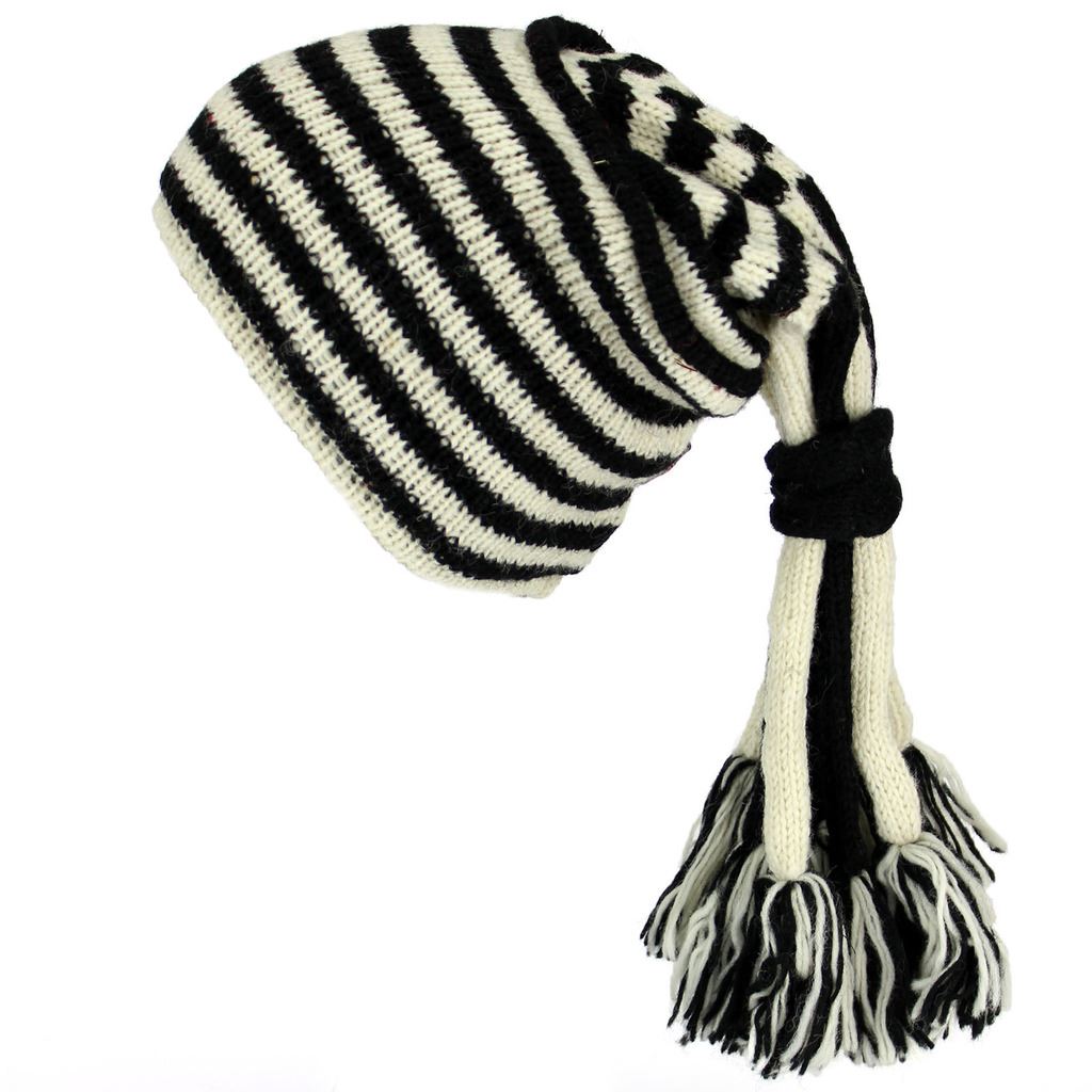 Wool Knit 'Fountain' Tassels Beanie Hat - Cream & Black